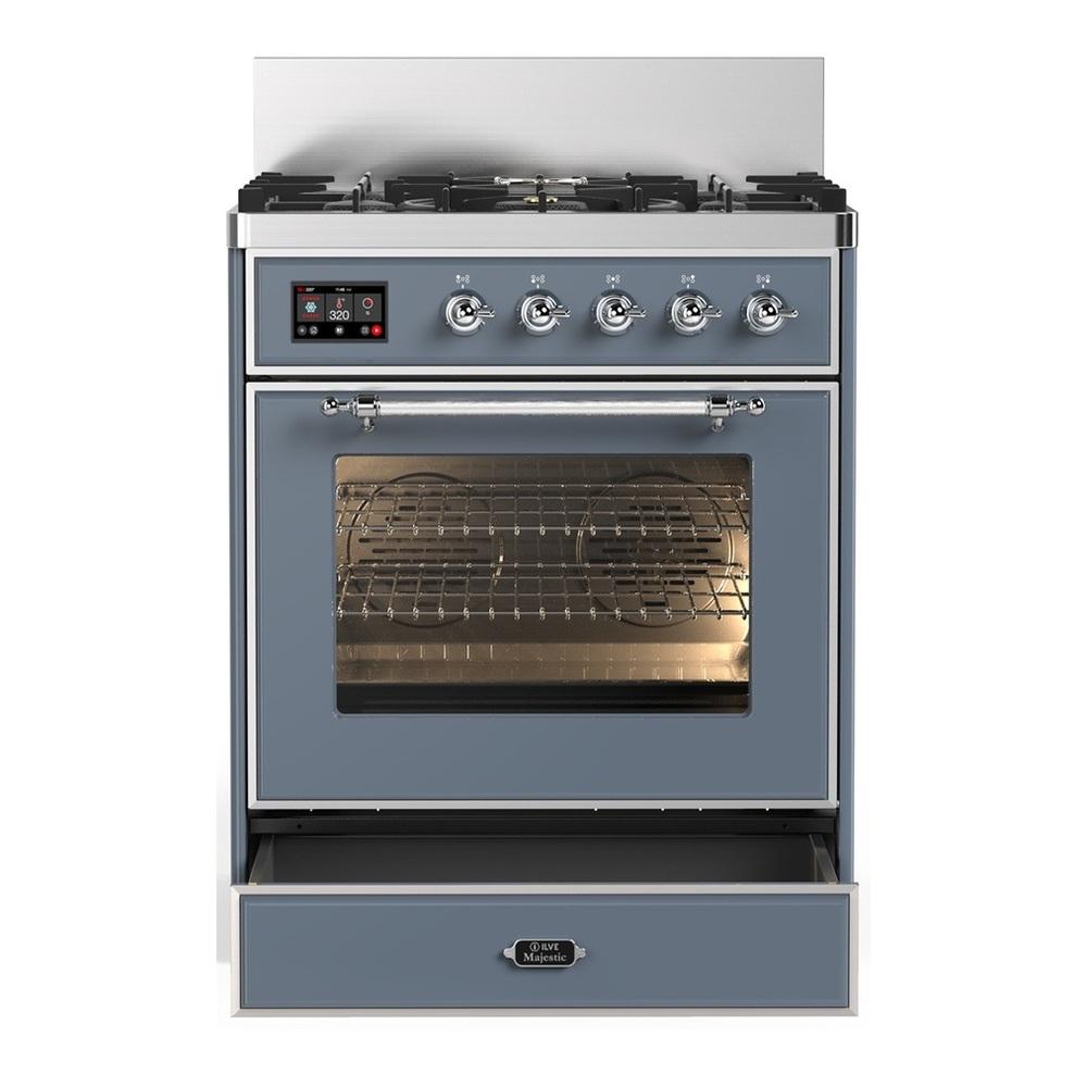 Ilve UM30NR3BGC Ilve Um30Nr3Bgc Majestic Iii 30 Inch Dual Fuel Range With 5 Black Brass Burners, Dual Function Burner Up To 25,000 Btu (Natural Gas, Triple Glass Door, Blue Grey, Chrome)