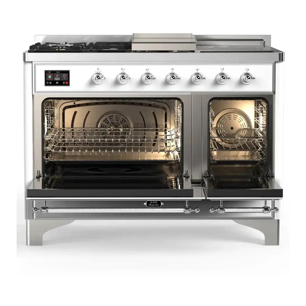 Ilve UM48FSNR3RAC Ilve Um48Fsnr3Rac Majestic Iii 48 Inch Dual Fuel Range With 5 Black Brass Burners, Griddle And French Top, Dual Function Burner Up To 25,000 Btu (Natural Gas, Triple Glass Door, Ral, Chrome)