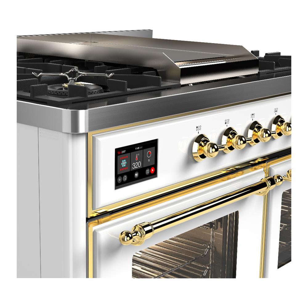 Ilve UMD40FNR3WHG Ilve Umd40Fnr3Whg Majestic Iii 40 Inch Dual Fuel Range With 6 Burners And Griddle, Dual Function Burner Up To 25,000 Btu (Natural Gas, Triple Glass Door, White, Brass)