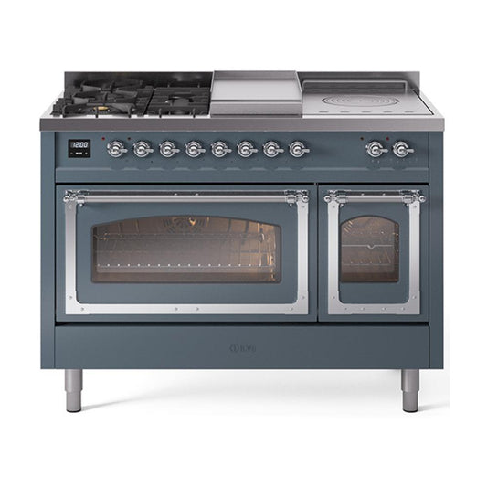 Ilve UN48FSNMPBGC Ilve Un48Fsnmpbgc Nostalgie Ii Noblesse 48" Dual Fuel Range (5 Sealed Burners + Griddle + French Top, Natural Gas, Triple Glass Door, Blue Grey, Chrome)
