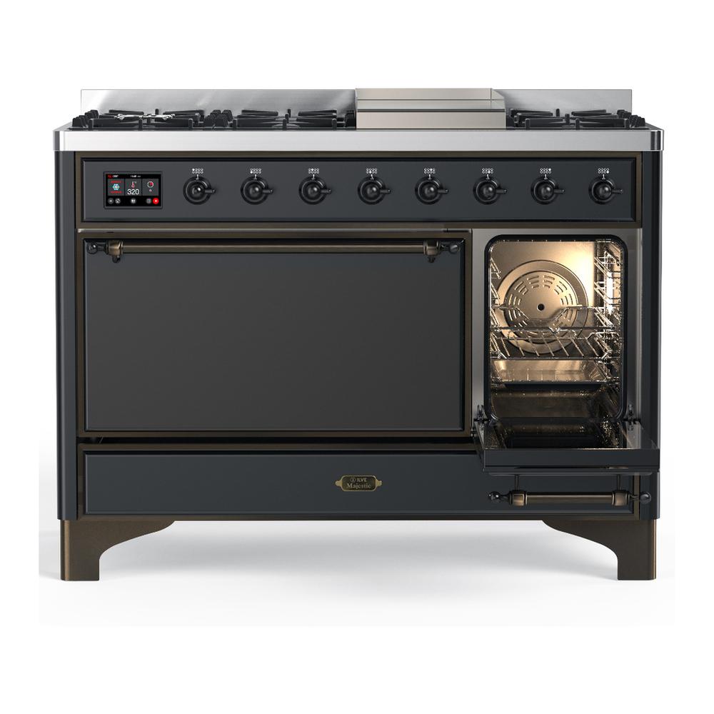 Ilve UM48FQNR3MGB Ilve Um48Fqnr3Mgb Majestic Iii 48 Inch Dual Fuel Range With 8 Burners And Griddle, Dual Function Burner Up To 25,000 Btu (Natural Gas, Solid Door, Graphite Matte, Burnished)