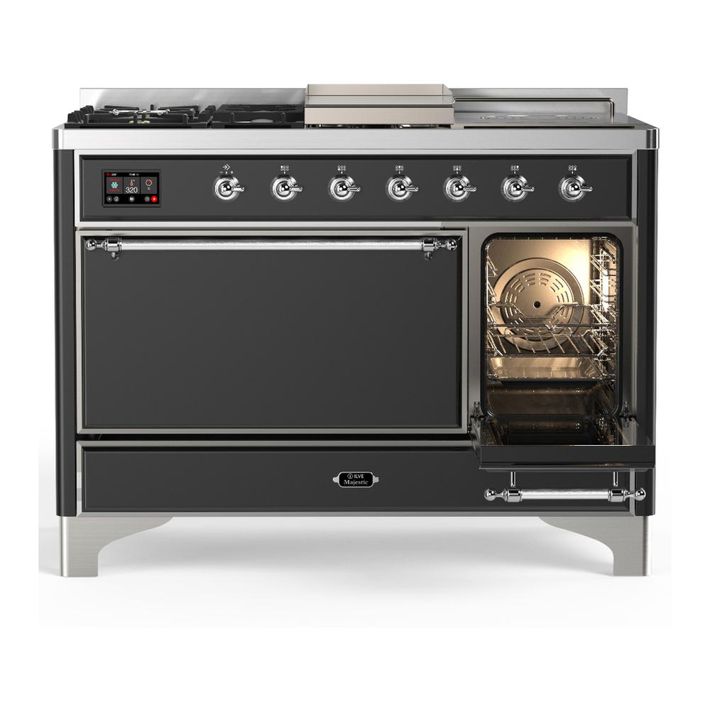Ilve UM48FSQNR3MGC Ilve Um48Fsqnr3Mgc Majestic Iii 48 Inch Dual Fuel Range With 5 Black Brass Burners, Griddle And French Top, Dual Function Burner Up To 25,000 Btu (Natural Gas, Solid Door, Graphite Matte, Chrome)