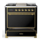 Ilve UM36FQNR3BKGLP Ilve Um36Fqnr3Bkglp Majestic Iii 36 Inch Dual Fuel Range With 6 Black Brass Burners And Griddle, Dual Function Burner Up To 25,000 Btu (Solid Door, Glossy Black, Brass, Liquid Propane)