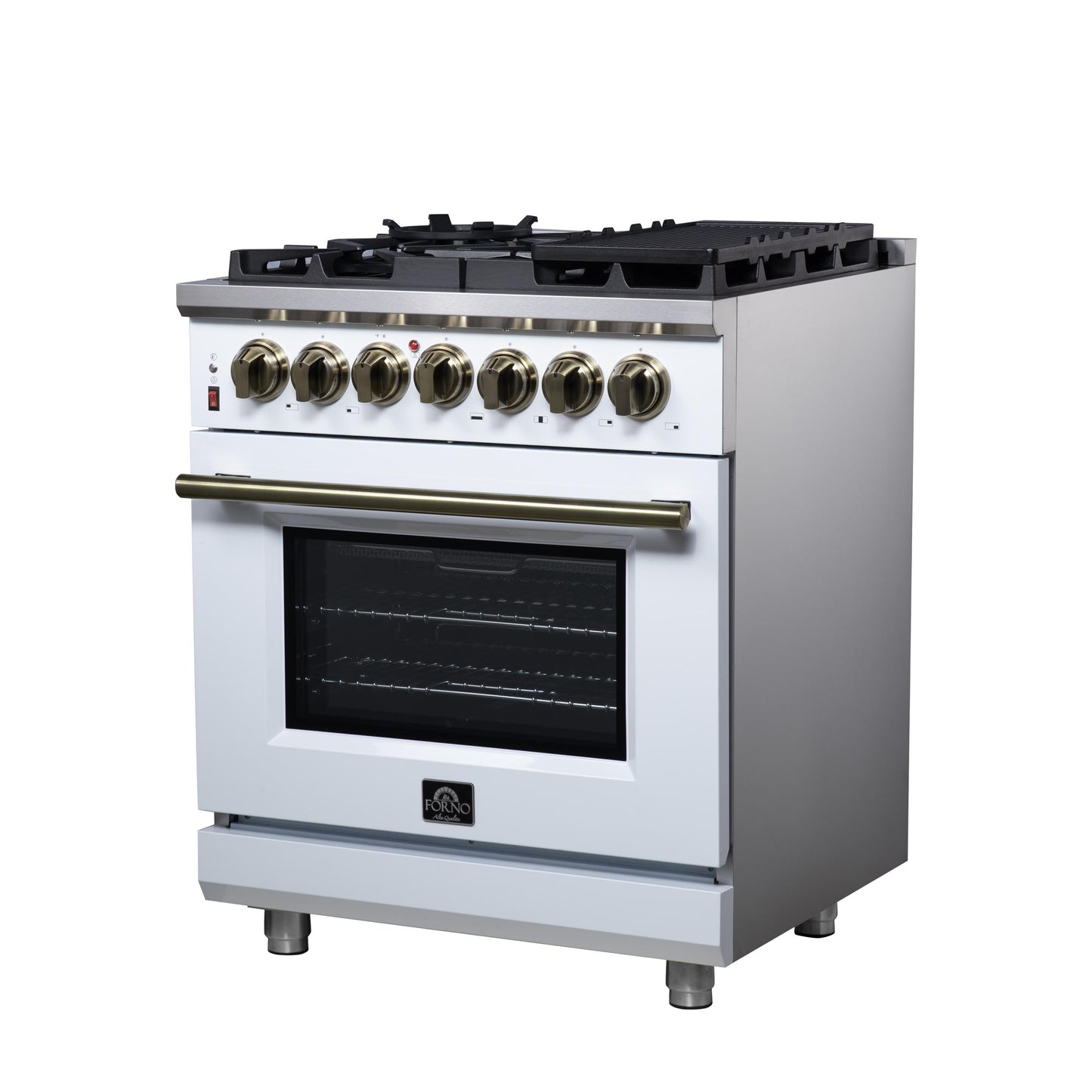 Forno FFSGS612530WHT Forno Massimo 30-Inch Freestanding Dual Fuel Range In White With Antique Brass Accessories, 4 Burners, 4.32 Cu. Ft. Convection Oven
