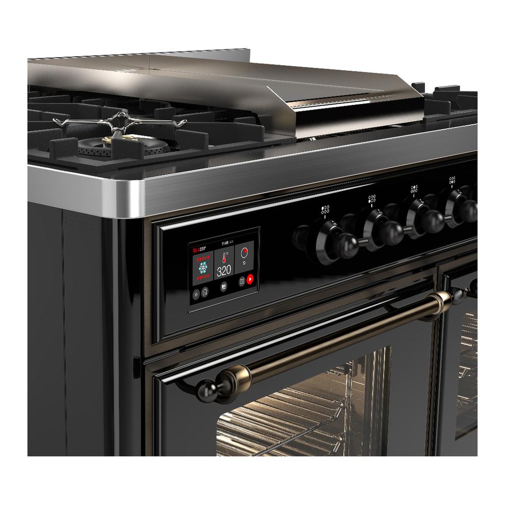Ilve UMD40FNR3BKBLP Ilve Umd40Fnr3Bkblp Majestic Iii 40 Inch Dual Fuel Range With 6 Burners And Griddle, Dual Function Burner Up To 25,000 Btu (Liquid Propane, Triple Glass Door, Glossy Black, Burnished)