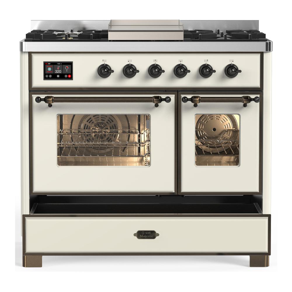 Ilve UMD40FNR3AWB Ilve Umd40Fnr3Awb Majestic Iii 40 Inch Dual Fuel Range With 6 Burners And Griddle, Dual Function Burner Up To 25,000 Btu (Natural Gas, Triple Glass Door, Antique White, Burnished)