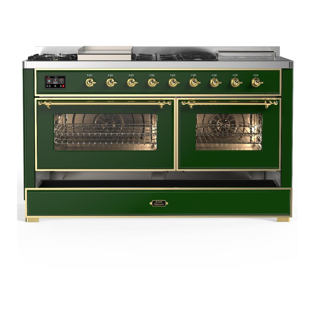 Ilve UM60FSNR3EGG Ilve Um60Fsnr3Egg Majestic Iii 60 Inch Dual Fuel Range With 7 Burners, Griddle And French Top, Dual Function Burner With Up To 25,000 Btu (Natural Gas, Triple Glass Door, Emerald Green, Brass)