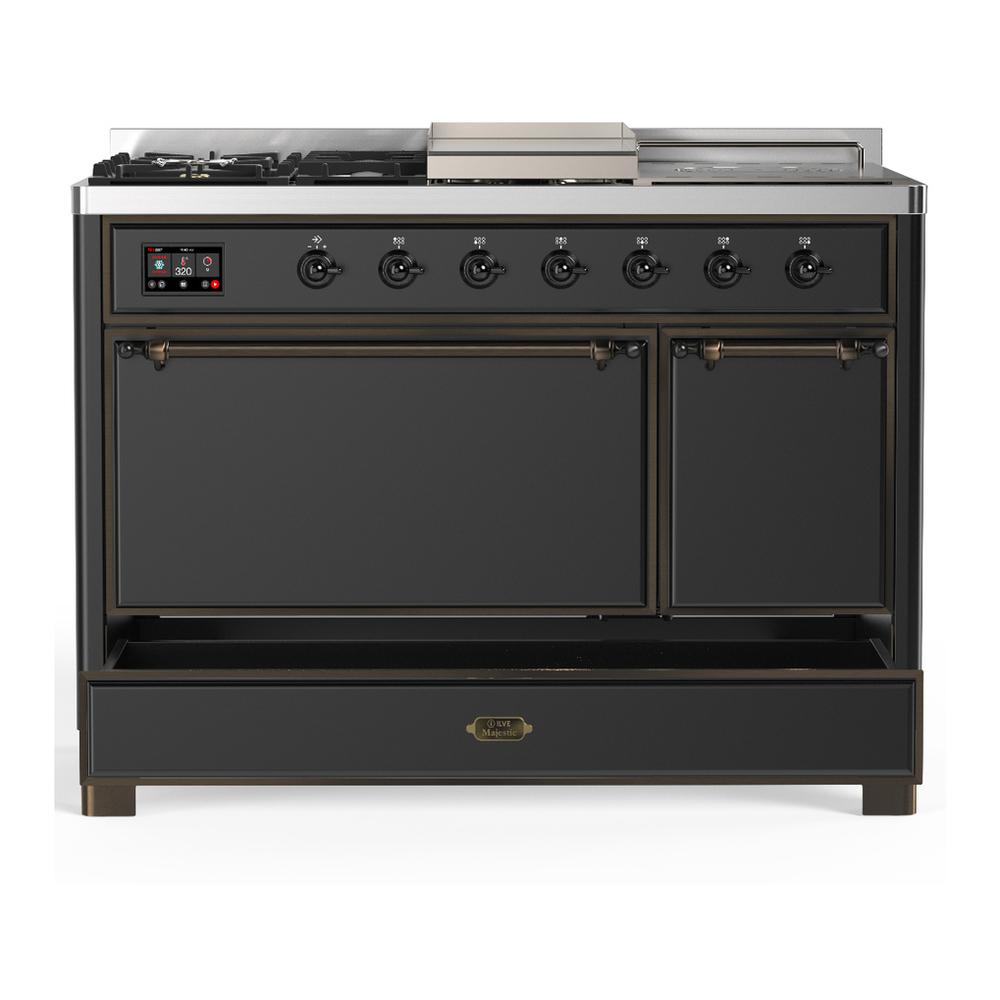 Ilve UM48FSQNR3MGB Ilve Um48Fsqnr3Mgb Majestic Iii 48 Inch Dual Fuel Range With 5 Black Brass Burners, Griddle And French Top, Dual Function Burner Up To 25,000 Btu (Natural Gas, Solid Door, Graphite Matte, Burnished)
