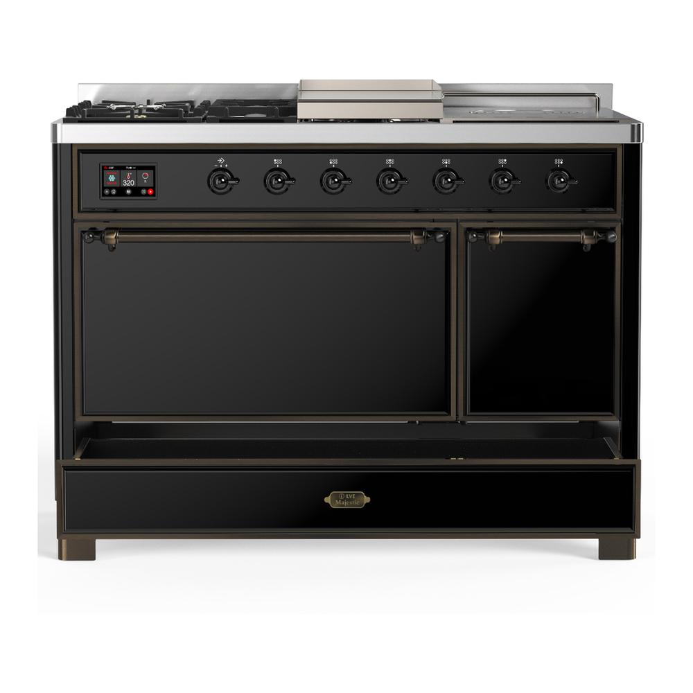 Ilve UM48FSQNR3BKBLP Ilve Um48Fsqnr3Bkblp Majestic Iii 48 Inch Dual Fuel Range With 5 Black Brass Burners, Griddle And French Top, Dual Function Burner Up To 25,000 Btu (Liquid Propane, Solid Door, Glossy Black, Burnished)