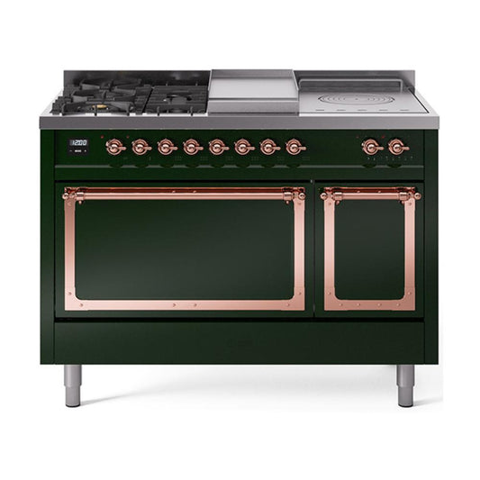 Ilve UN48FSQNMPEGP Ilve Un48Fsqnmpegp Nostalgie Ii Noblesse 48" Dual Fuel Range (5 Sealed Burners + Griddle + French Top, Natural Gas, Solid Door, Emerald Green, Copper)