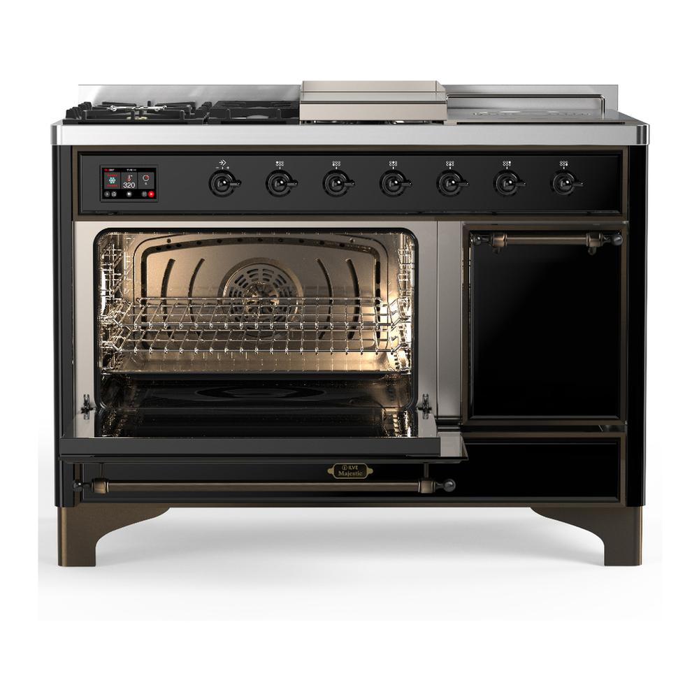 Ilve UM48FSQNR3BKB Ilve Um48Fsqnr3Bkb Majestic Iii 48 Inch Dual Fuel Range With 5 Black Brass Burners, Griddle And French Top, Dual Function Burner Up To 25,000 Btu (Natural Gas, Solid Door, Glossy Black, Burnished)
