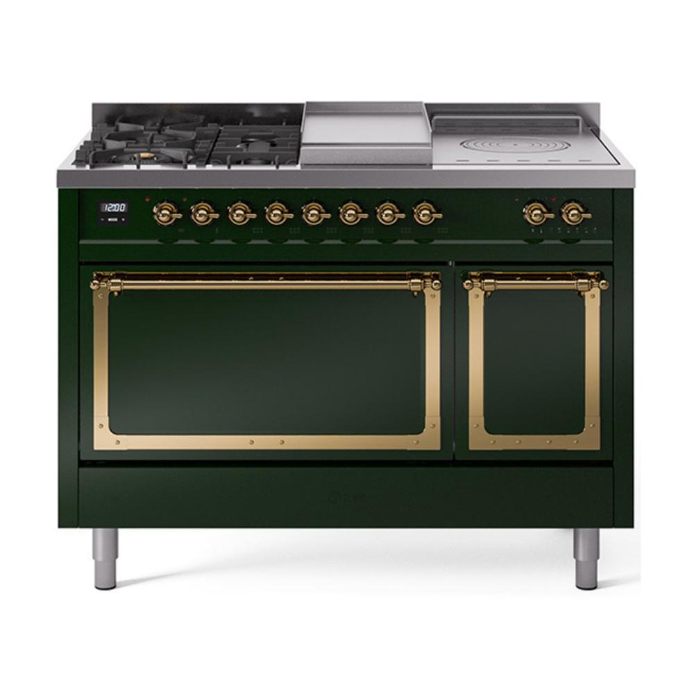 Ilve UN48FSQNMPEGGLP Ilve Un48Fsqnmpegglp Nostalgie Ii Noblesse 48" Dual Fuel Range (5 Sealed Burners + Griddle + French Top, Liquid Propane, Solid Door, Emerald Green, Brass)