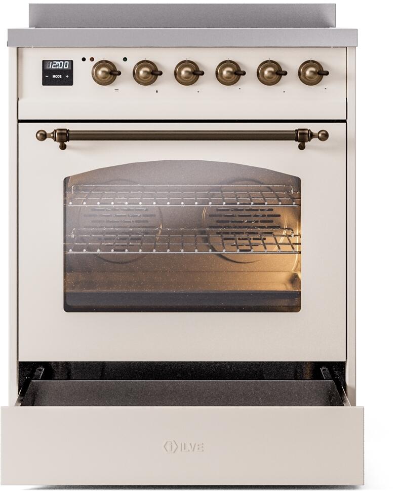 Ilve UPI304NMPAWB Nostalgie Ii 30 Inch Electric Freestanding Range In Antique White With Bronze Trim