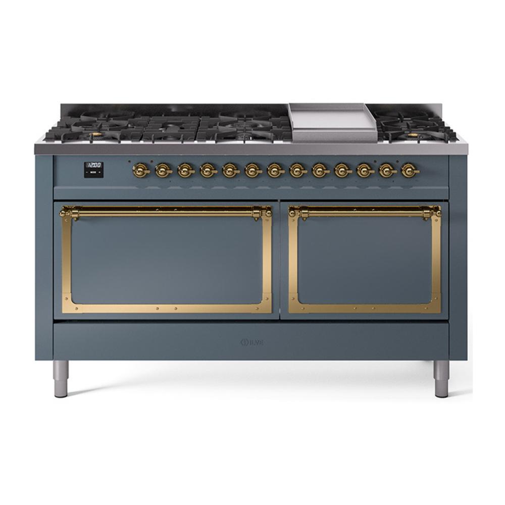 Ilve UN60FQNMPBGG Ilve Un60Fqnmpbgg Nostalgie Ii Noblesse 60" Dual Fuel Range (9 Sealed Burners + Griddle, Natural Gas, Solid Door, Blue Grey, Brass)