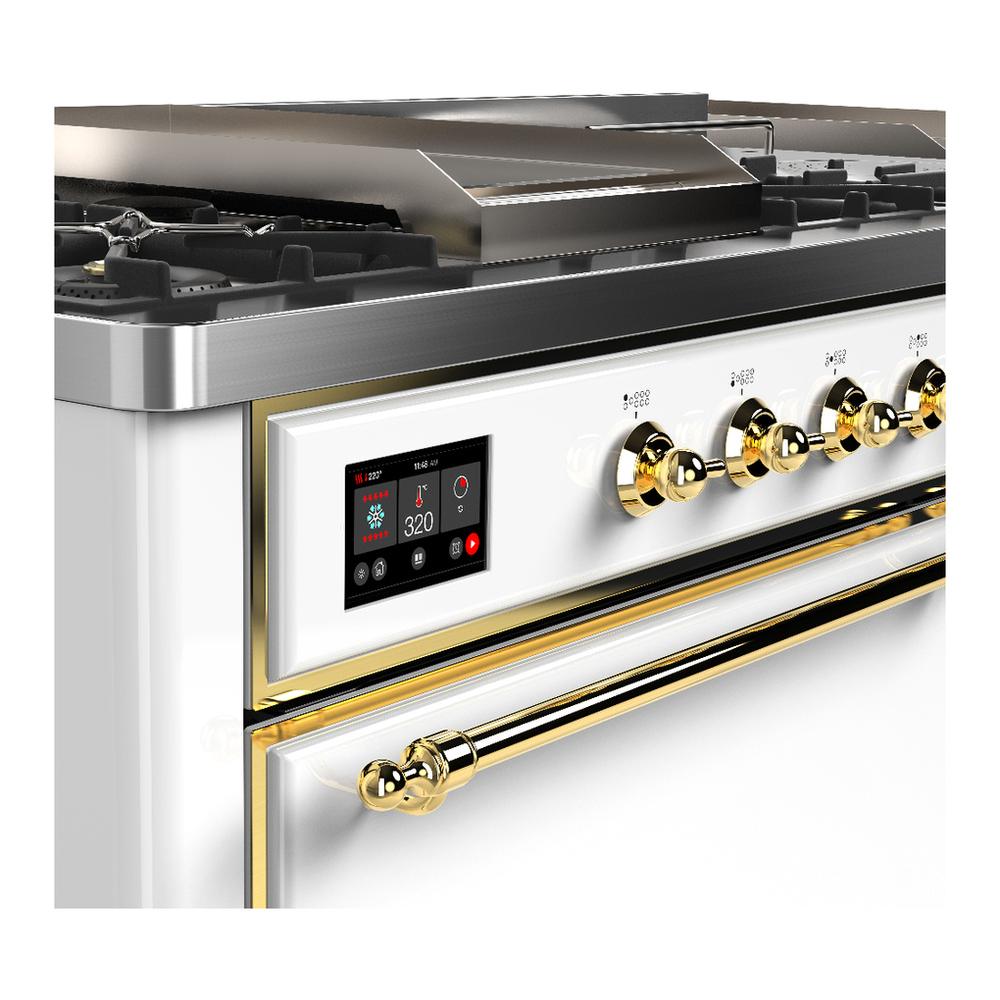 Ilve UM60FSQNR3WHGLP Ilve Um60Fsqnr3Whglp Majestic Iii 60 Inch Dual Fuel Range With 7 Burners, Griddle And French Top, Dual Function Burner With Up To 25,000 Btu (Liquid Propane, Solid Door, White, Brass)