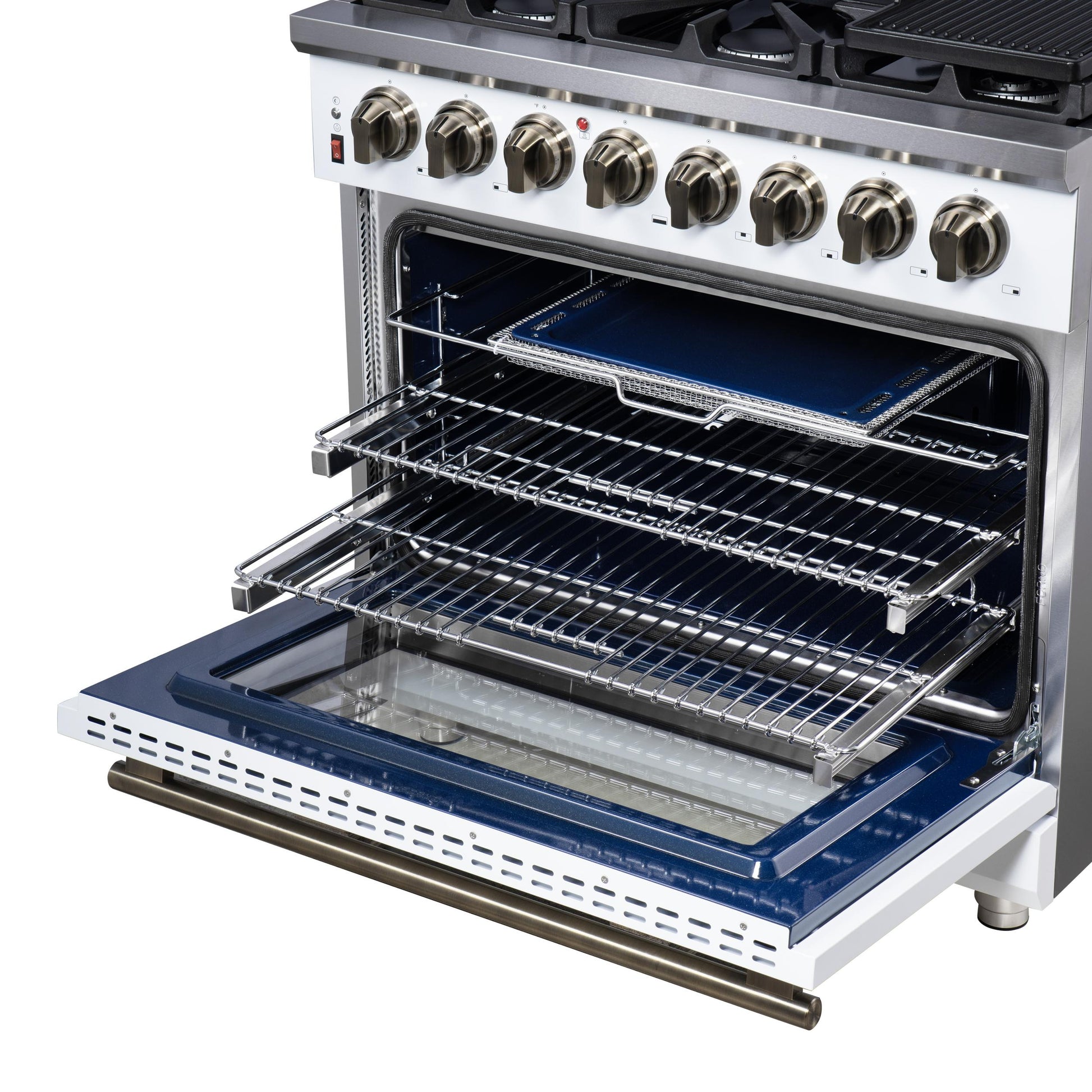 Forno FFSGS612536WHT Forno Massimo 36 Inch Freestanding Dual Fuel Range In White With Antique Brass Accessories, 6 Burners, 5.36 Cu. Ft. Convection Oven