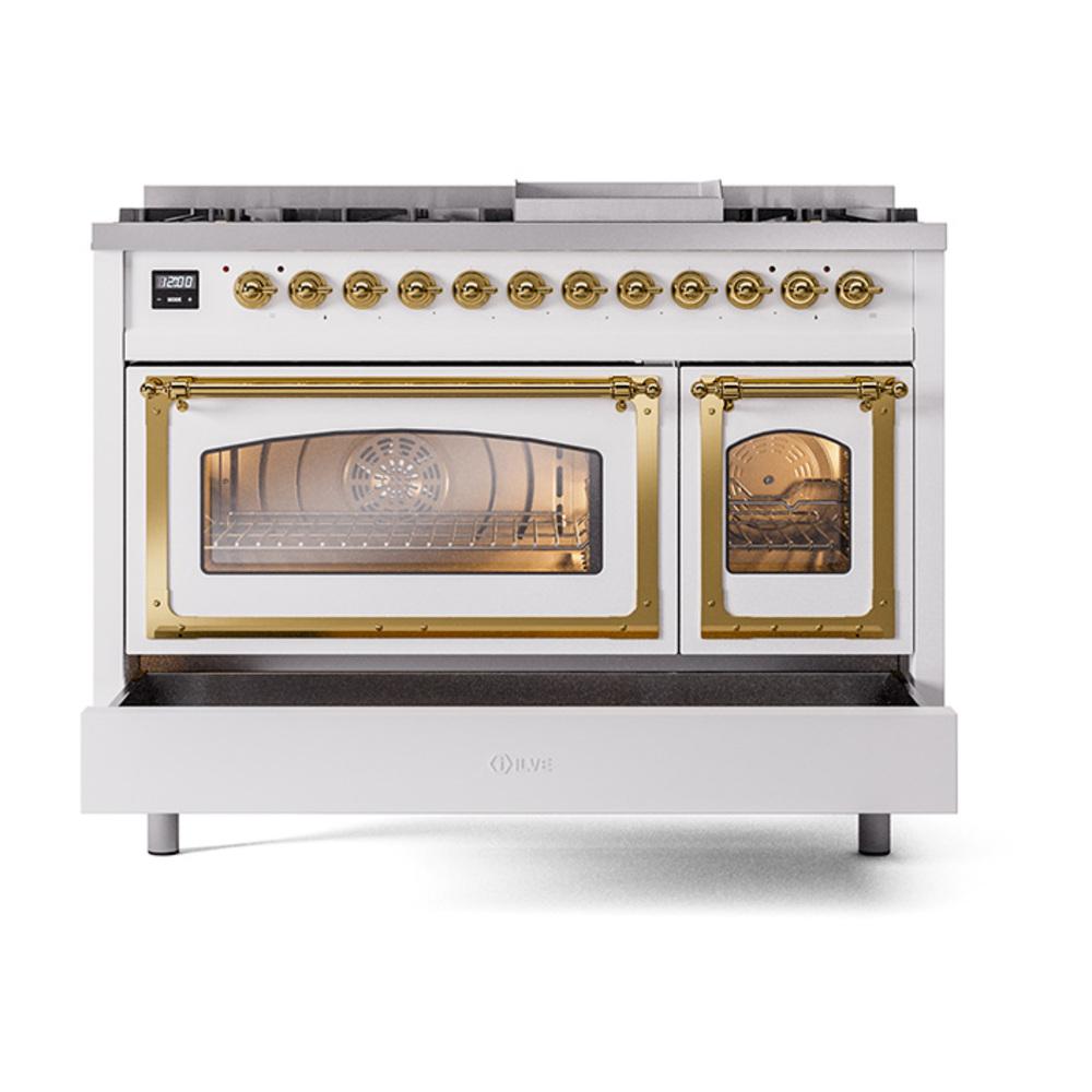 Ilve UN48FNMPWHGLP Ilve Un48Fnmpwhglp Nostalgie Ii Noblesse 48" Dual Fuel Range (8 Sealed Burners + Griddle, Liquid Propane, Triple Glass Door, White, Brass)