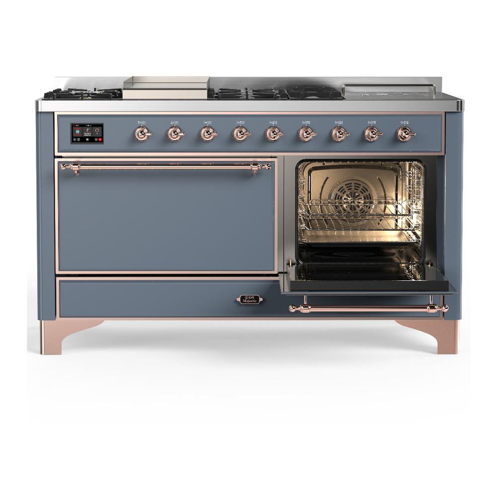 Ilve UM60FSQNR3BGP Ilve Um60Fsqnr3Bgp Majestic Iii 60 Inch Dual Fuel Range With 7 Burners, Griddle And French Top, Dual Function Burner With Up To 25,000 Btu (Natural Gas, Solid Door, Blue Grey, Copper)