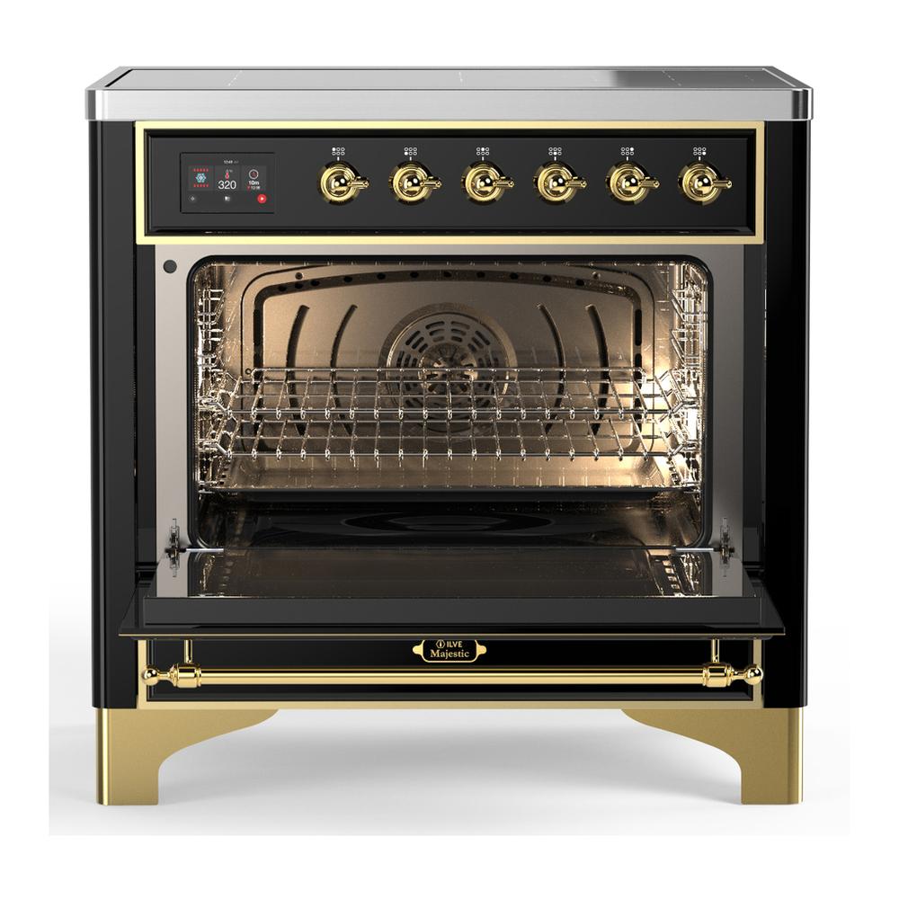 Ilve UMIB36NR3BKG Ilve Umib36Nr3Bkg Majestic Iii 36 Inch Induction Range With 6 Elements, 3.5 Cu. Ft. Total Oven Capacity (Triple Glass Door, Glossy Black, Brass)
