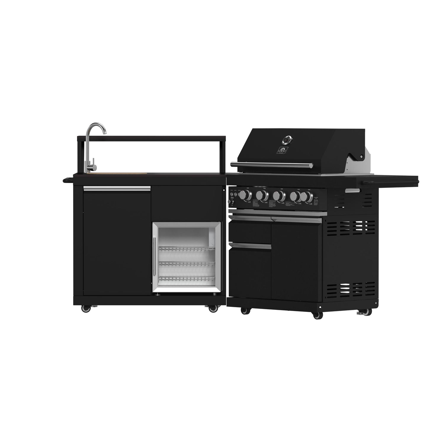 Forno FODKT2582BLK Forno All Aperto 62,600 Btu Bbq, 3 Stainless Steel Burners, Infrared Burners, Sink Module, Black Sintered Stone Countertops, Bar And Beverage Center
