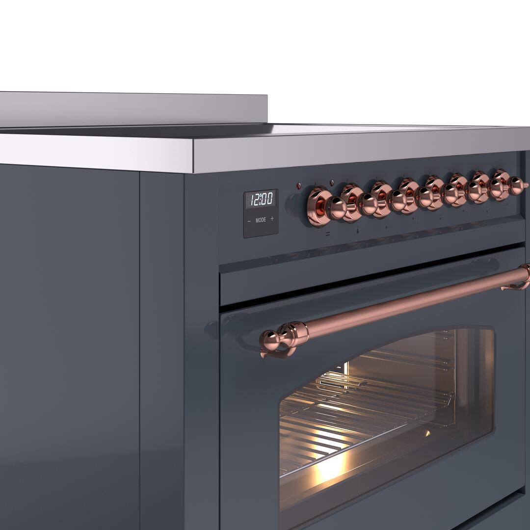 Ilve UPI366NMPBGP Nostalgie Ii 36 Inch Electric Freestanding Range In Blue Grey With Copper Trim