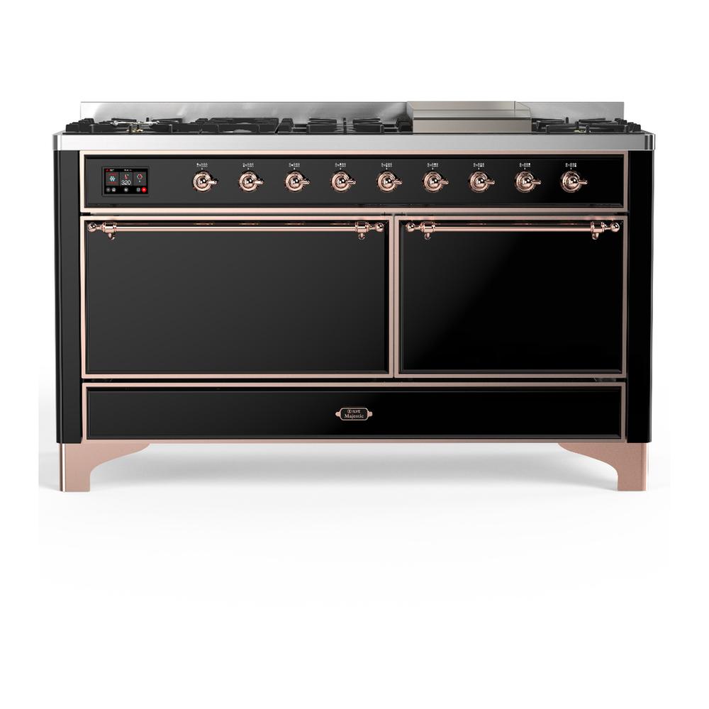 Ilve UM60FQNR3BKP Ilve Um60Fqnr3Bkp Majestic Iii 60 Inch Dual Fuel Range With 9 Burners And Griddle, Dual Function Burner Up To 25,000 Btu (Natural Gas, Solid Door, Glossy Black, Copper)