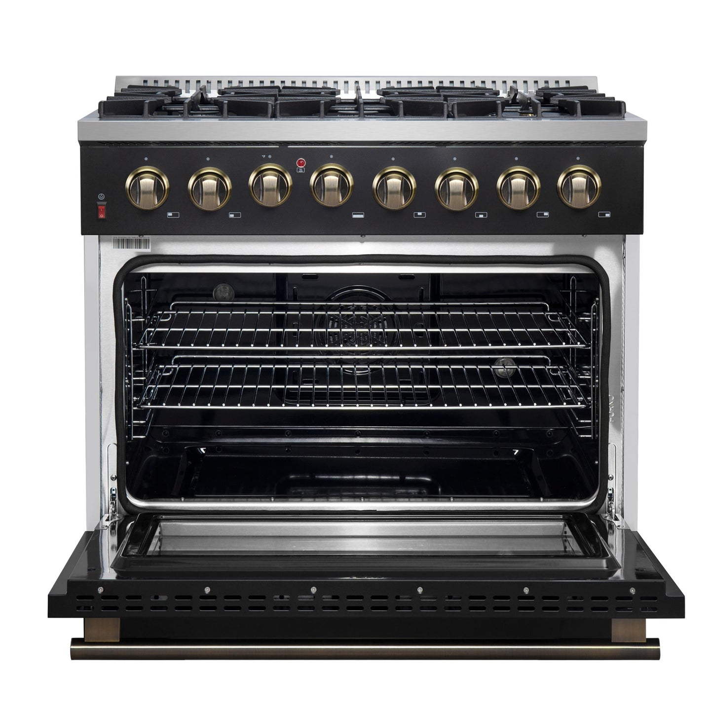 Forno FFSGS615636BLK Forno Galiano 36-Inch Dual Fuel Range In Black & Antique Brass Design, 6 Sealed Burners 83,000 Btu, 5.36 Cu.Ft. True Convection Oven