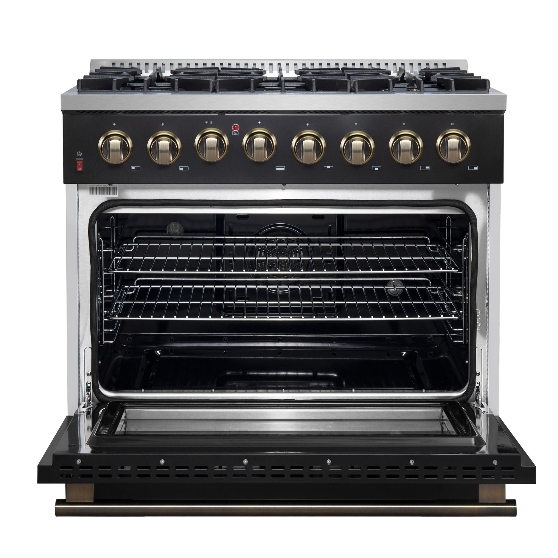 Forno FFSGS615636BLK Forno Galiano 36-Inch Dual Fuel Range In Black & Antique Brass Design, 6 Sealed Burners 83,000 Btu, 5.36 Cu.Ft. True Convection Oven