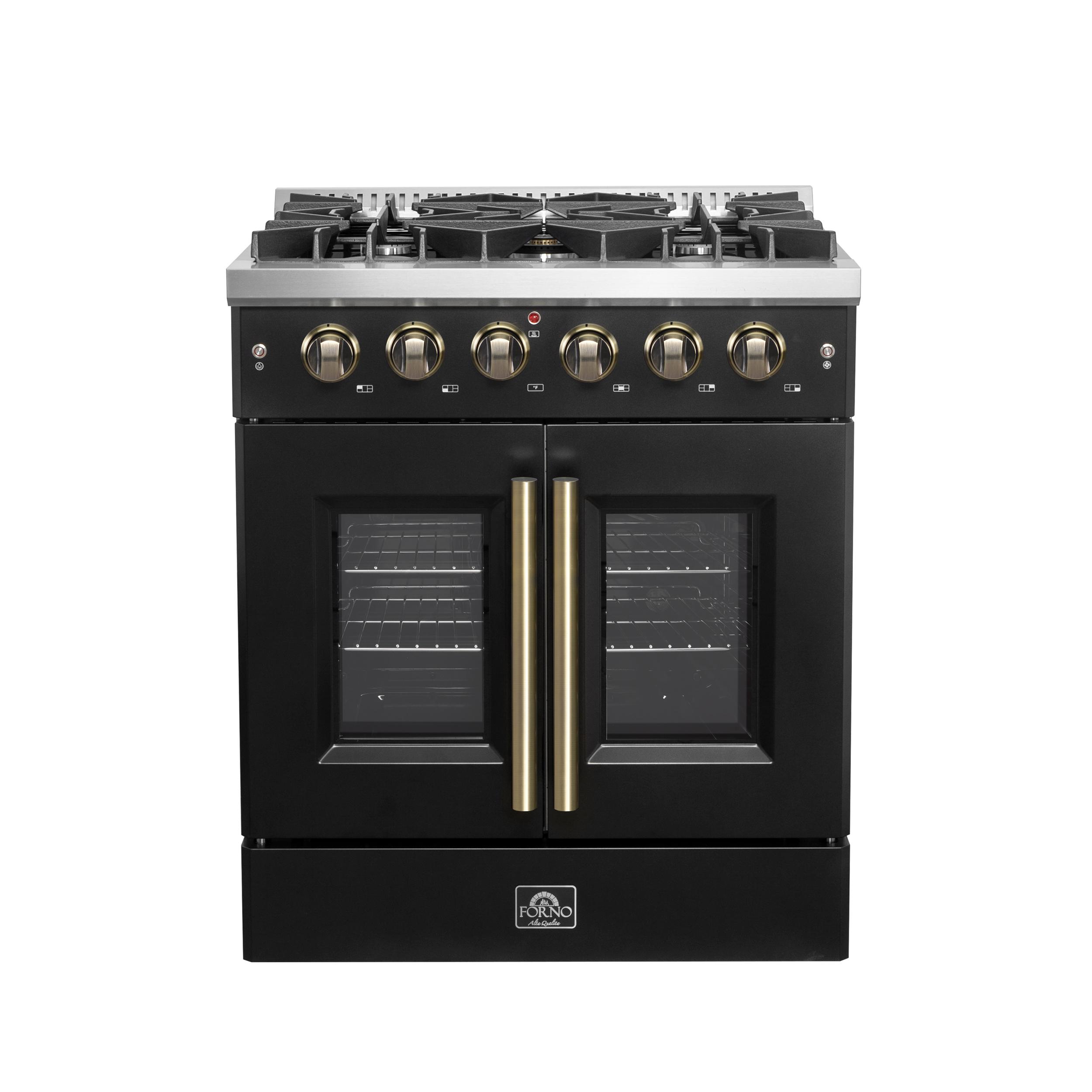 Forno FFSGS644430BLK Forno Galiano 30-Inch French Door Gas Range Black And Antique Brass Design, 5 Sealed Burners 68,000 Btu, 4.32 Cu.Ft. Convection Oven