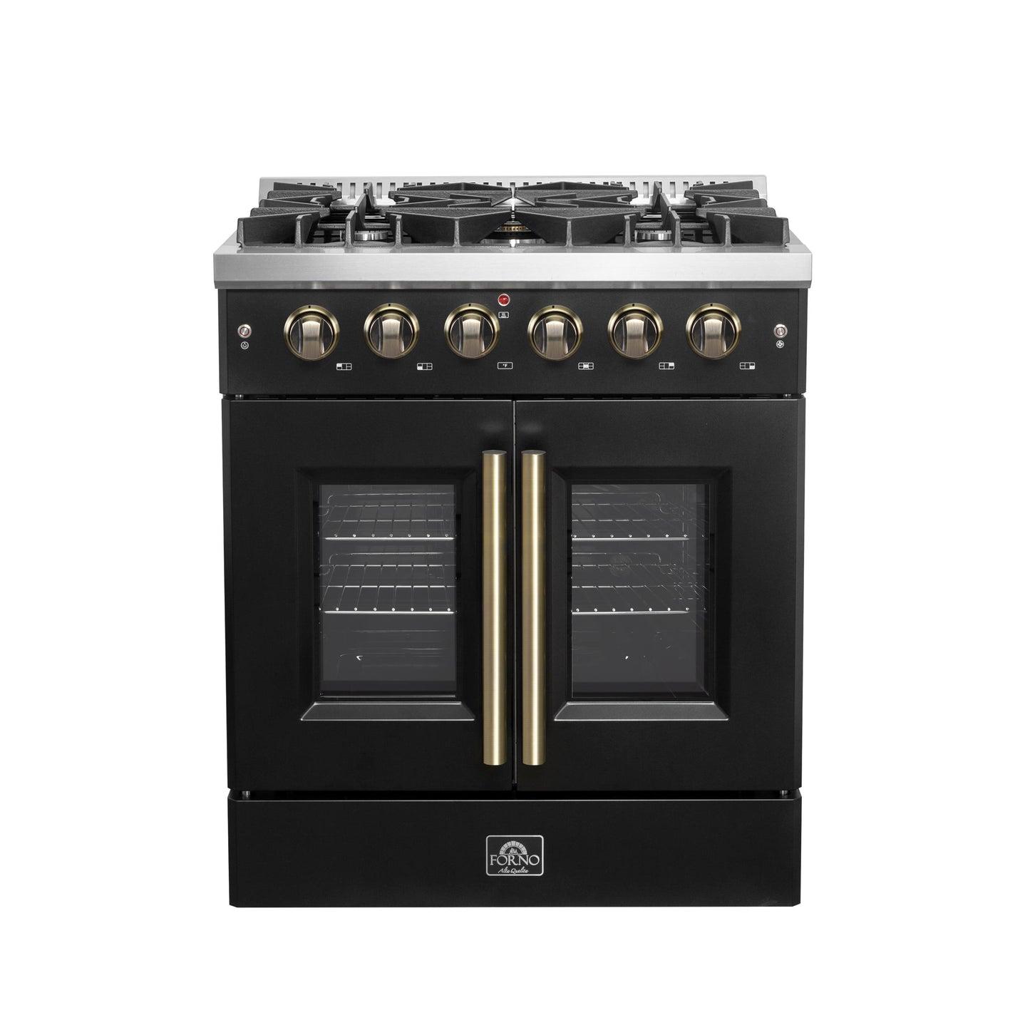 Forno FFSGS644430BLK Forno Galiano 30-Inch French Door Gas Range Black And Antique Brass Design, 5 Sealed Burners 68,000 Btu, 4.32 Cu.Ft. Convection Oven