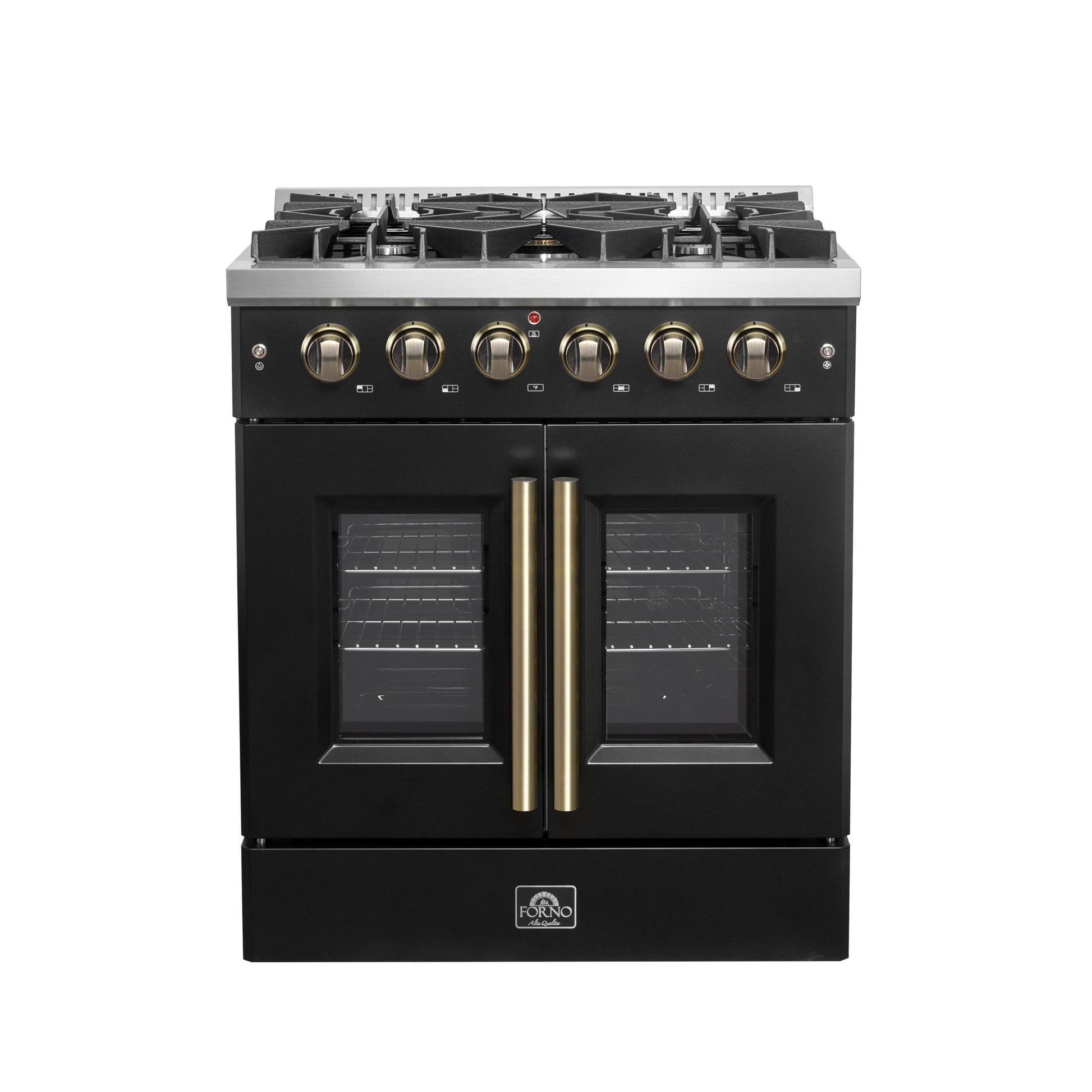 Forno FFSGS644430BLK Forno Galiano 30-Inch French Door Gas Range Black And Antique Brass Design, 5 Sealed Burners 68,000 Btu, 4.32 Cu.Ft. Convection Oven