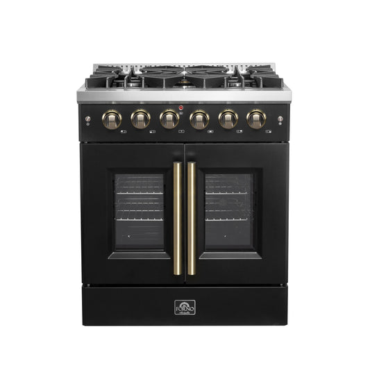 Forno FFSGS644430BLK Forno Galiano 30-Inch French Door Gas Range Black And Antique Brass Design, 5 Sealed Burners 68,000 Btu, 4.32 Cu.Ft. Convection Oven