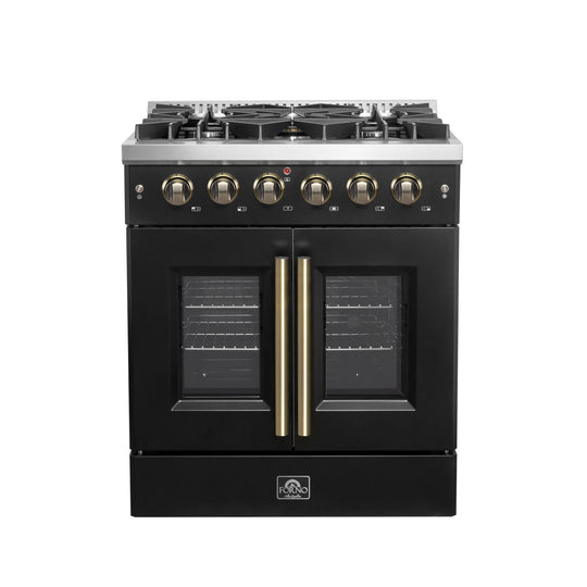 Forno FFSGS644430BLK Forno Galiano 30-Inch French Door Gas Range Black And Antique Brass Design, 5 Sealed Burners 68,000 Btu, 4.32 Cu.Ft. Convection Oven