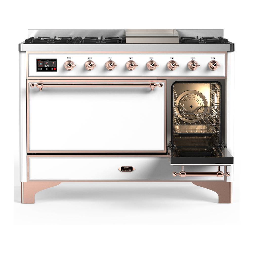 Ilve UM48FQNR3WHP Ilve Um48Fqnr3Whp Majestic Iii 48 Inch Dual Fuel Range With 8 Burners And Griddle, Dual Function Burner Up To 25,000 Btu (Natural Gas, Solid Door, White, Copper)