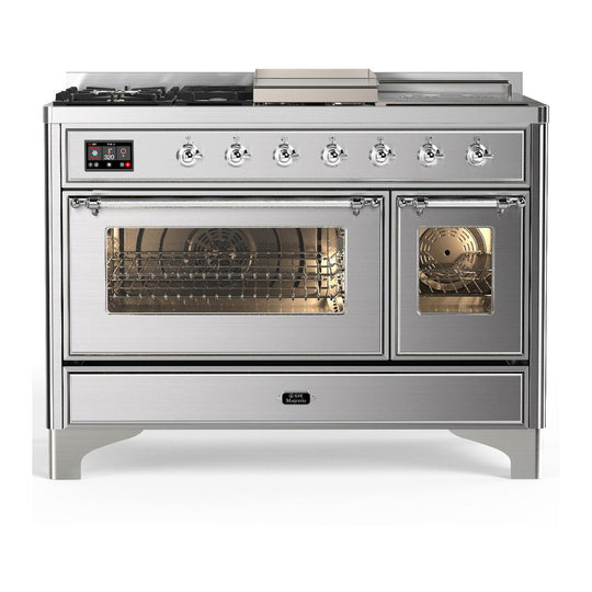 Ilve UM48FSNR3SSCLP Ilve Um48Fsnr3Ssclp Majestic Iii 48 Inch Dual Fuel Range With 5 Black Brass Burners, Griddle And French Top, Dual Function Burner Up To 25,000 Btu (Liquid Propane, Triple Glass Door, Stainless Steel, Chrome)