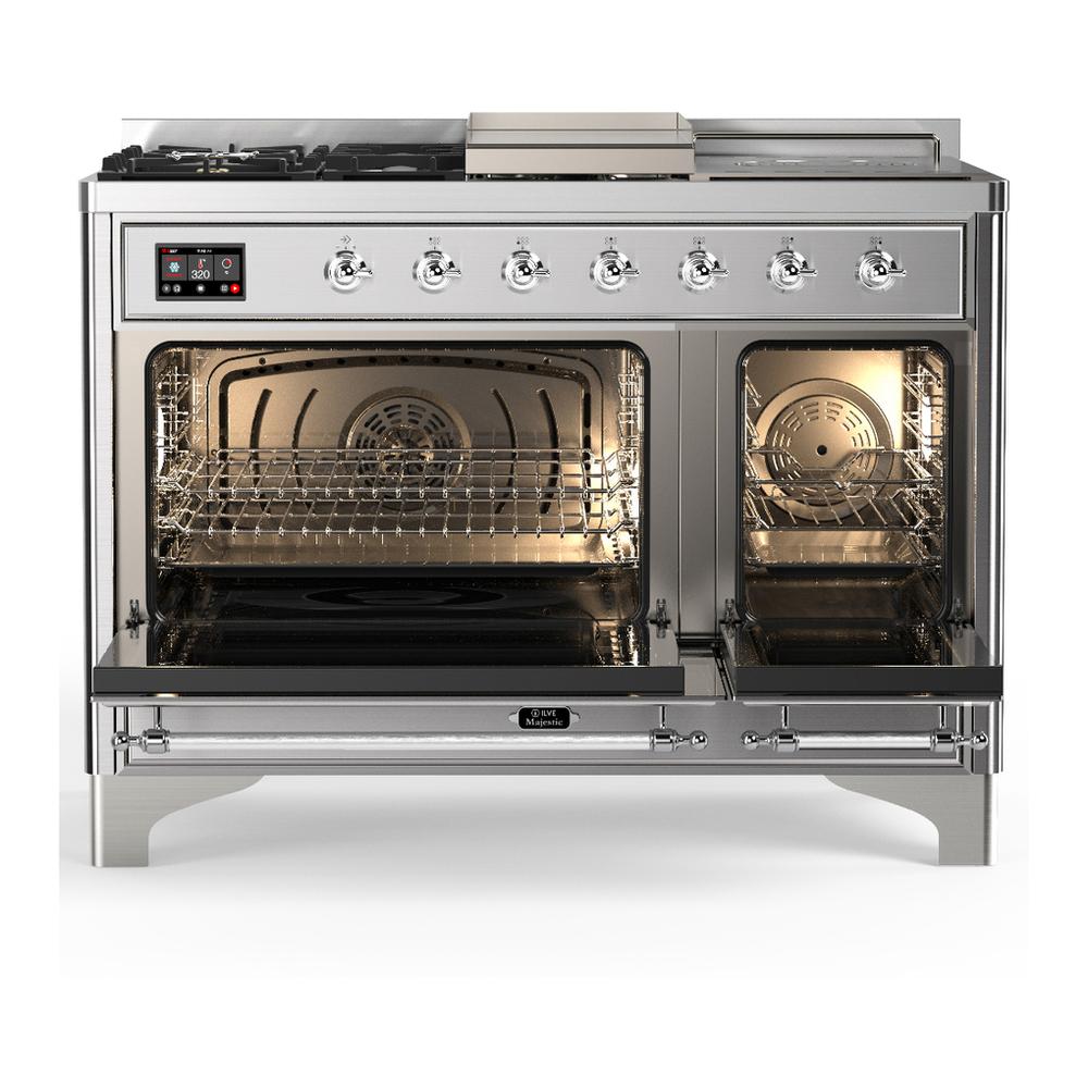 Ilve UM48FSQNR3SSCLP Ilve Um48Fsqnr3Ssclp Majestic Iii 48 Inch Dual Fuel Range With 5 Black Brass Burners, Griddle And French Top, Dual Function Burner Up To 25,000 Btu (Liquid Propane, Solid Door, Stainless Steel, Chrome)