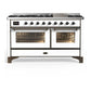 Ilve UM60FNR3WHB Ilve Um60Fnr3Whb Majestic Iii 60 Inch Dual Fuel Range With 9 Burners And Griddle, Dual Function Burner Up To 25,000 Btu (Natural Gas, Triple Glass Door, White, Burnished)