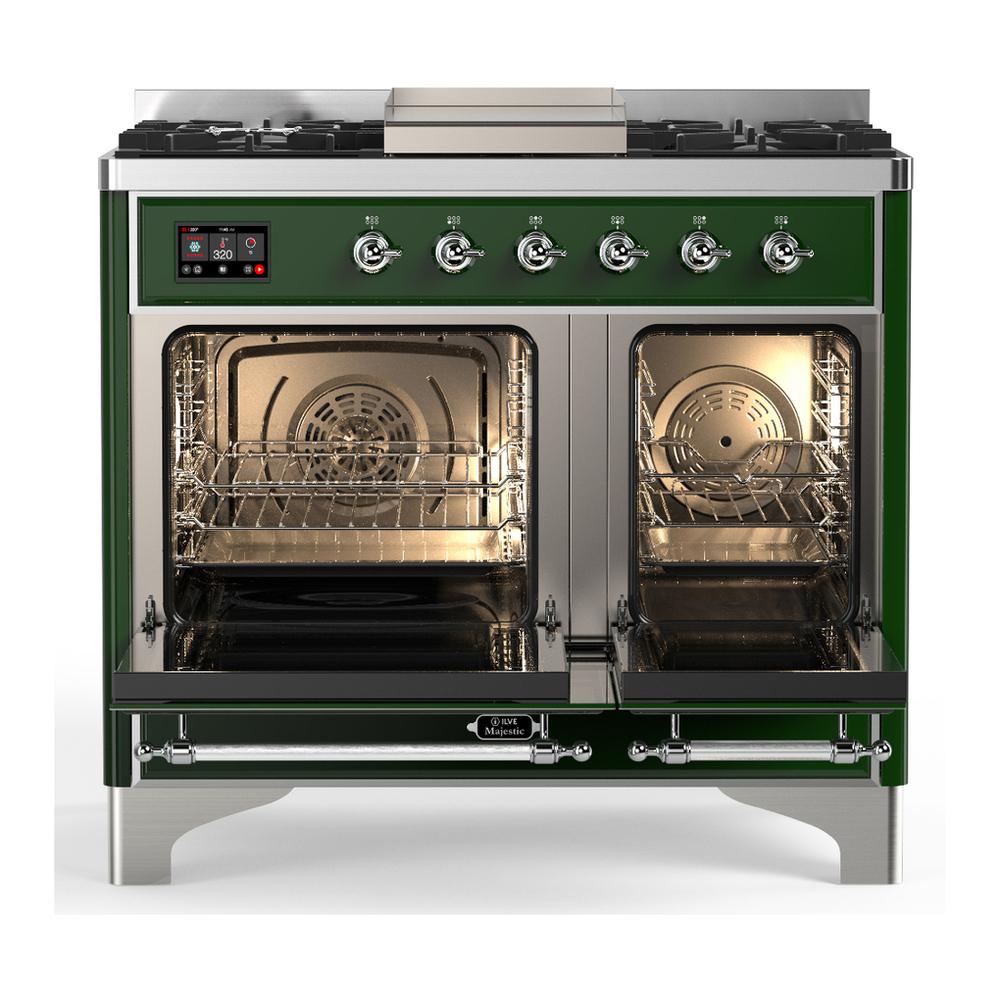 Ilve UMD40FNR3EGCLP Ilve Umd40Fnr3Egclp Majestic Iii 40 Inch Dual Fuel Range With 6 Burners And Griddle, Dual Function Burner Up To 25,000 Btu (Liquid Propane, Triple Glass Door, Emerald Green, Chrome)