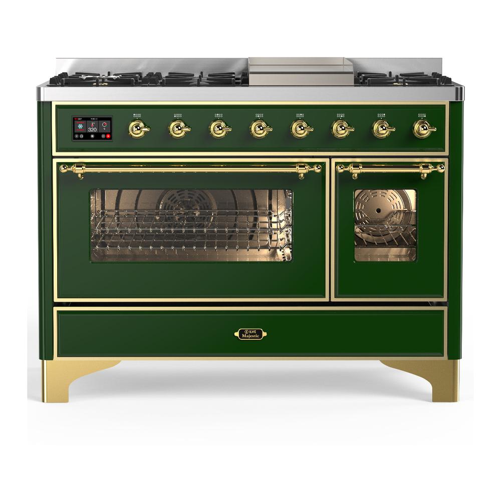 Ilve UM48FNR3EGG Ilve Um48Fnr3Egg Majestic Iii 48 Inch Dual Fuel Range With 8 Burners And Griddle, Dual Function Burner Up To 25,000 Btu (Natural Gas, Triple Glass Door, Emerald Green, Brass)