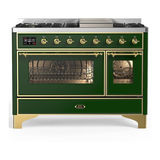 Ilve UM48FNR3EGG Ilve Um48Fnr3Egg Majestic Iii 48 Inch Dual Fuel Range With 8 Burners And Griddle, Dual Function Burner Up To 25,000 Btu (Natural Gas, Triple Glass Door, Emerald Green, Brass)
