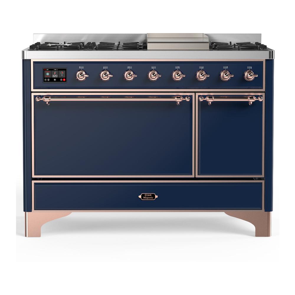 Ilve UM48FQNR3MBPLP Ilve Um48Fqnr3Mbplp Majestic Iii 48 Inch Dual Fuel Range With 8 Burners And Griddle, Dual Function Burner Up To 25,000 Btu (Liquid Propane, Solid Door, Midnight Blue, Copper)