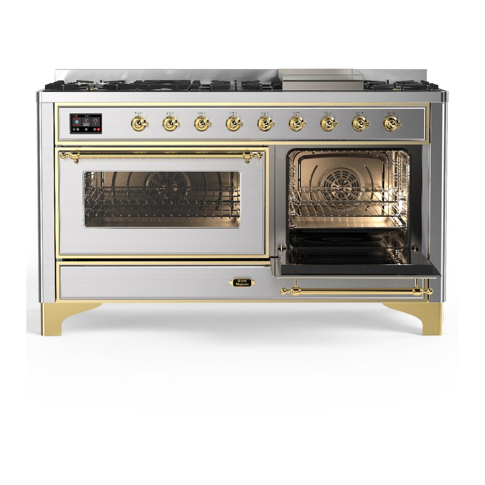 Ilve UM60FNR3SSGLP Ilve Um60Fnr3Ssglp Majestic Iii 60 Inch Dual Fuel Range With 9 Burners And Griddle, Dual Function Burner Up To 25,000 Btu (Liquid Propane, Triple Glass Door, Stainless Steel, Brass)