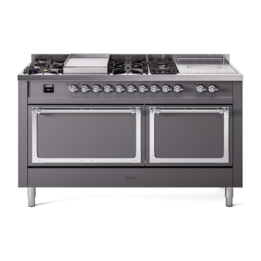 Ilve UN60FSQNMPMGCLP Ilve Un60Fsqnmpmgclp Nostalgie Ii Noblesse 60" Dual Fuel Range (7 Sealed Burners + Griddle + French Top, Liquid Propane, Solid Door, Graphite Matte, Chrome)