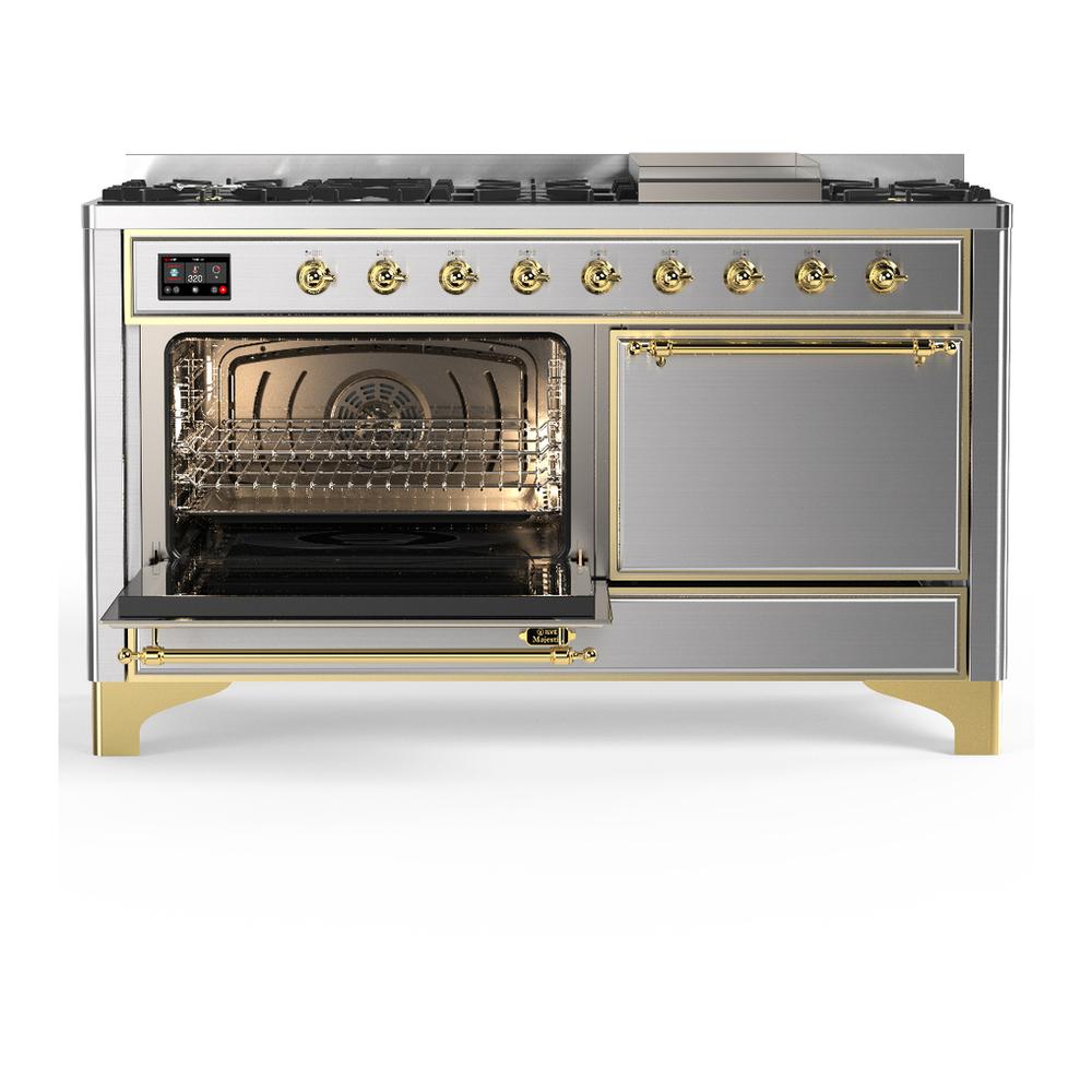 Ilve UM60FQNR3SSG Ilve Um60Fqnr3Ssg Majestic Iii 60 Inch Dual Fuel Range With 9 Burners And Griddle, Dual Function Burner Up To 25,000 Btu (Natural Gas, Solid Door, Stainless Steel, Brass)