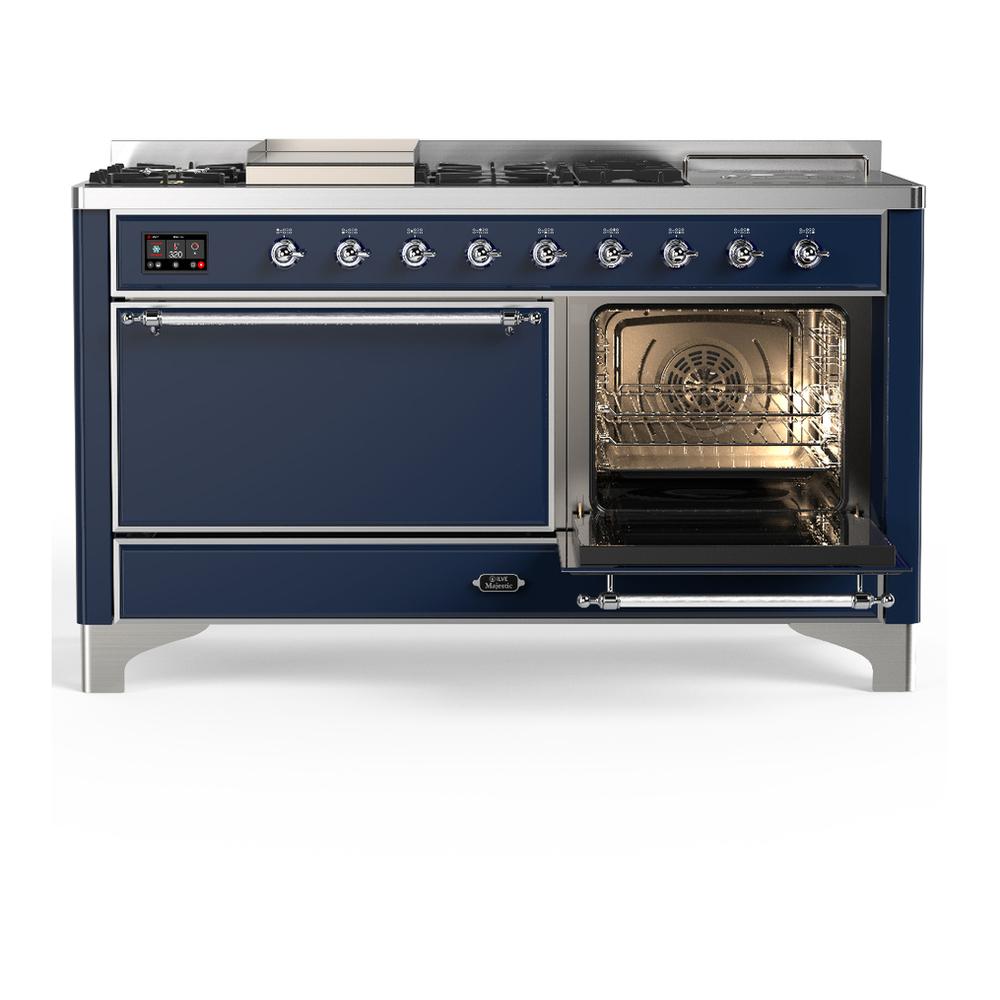 Ilve UM60FSQNR3MBC Ilve Um60Fsqnr3Mbc Majestic Iii 60 Inch Dual Fuel Range With 7 Burners, Griddle And French Top, Dual Function Burner With Up To 25,000 Btu (Natural Gas, Solid Door, Midnight Blue, Chrome)