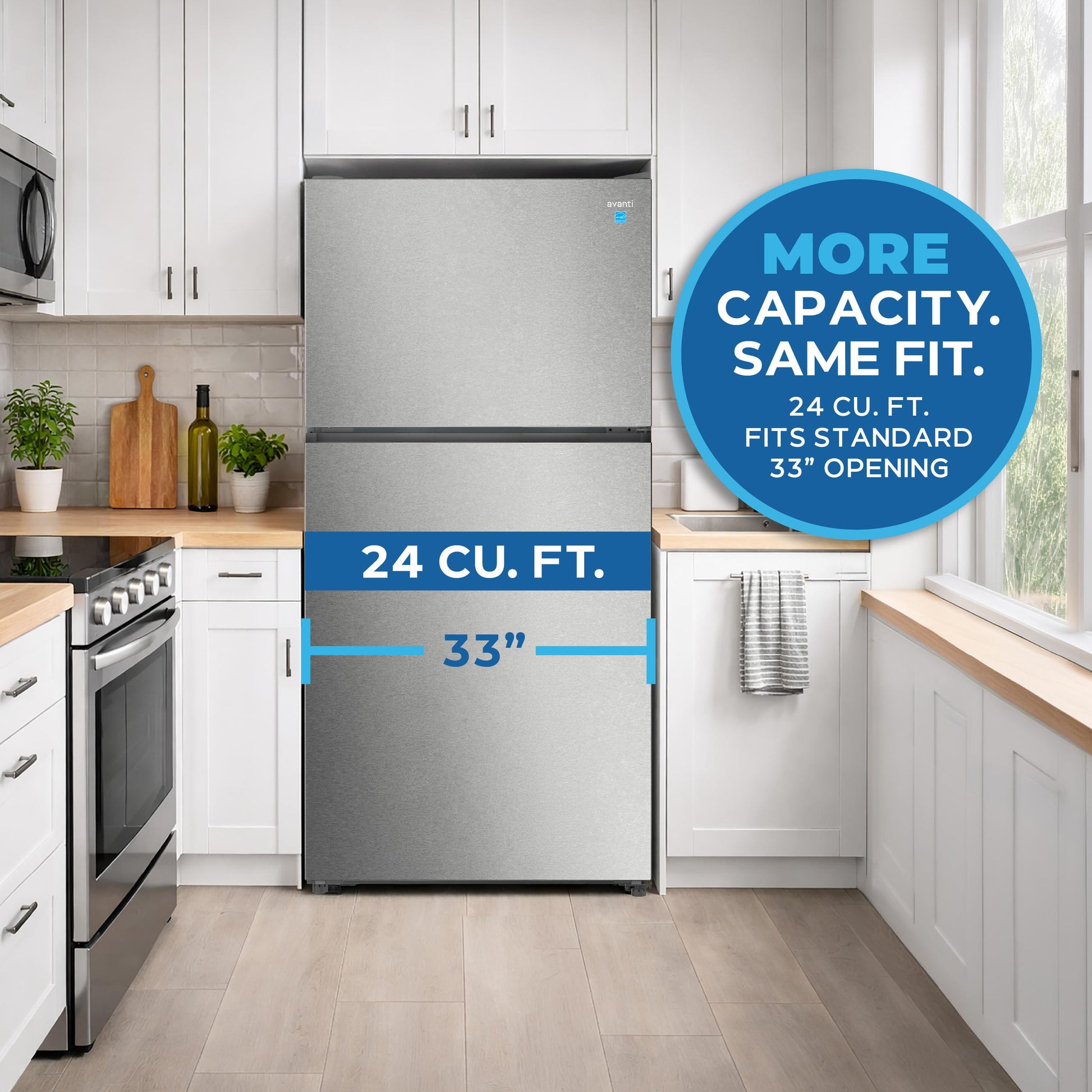 Avanti AVFF24DLJM0SS Avanti Maxxspace Insulation™ Technology Garage-Ready Frost-Free Ice Maker-Ready Refrigerator, 24 Cu. Ft., Energy Star, Stainless Steel Look (Avff24Dljm0Ss)