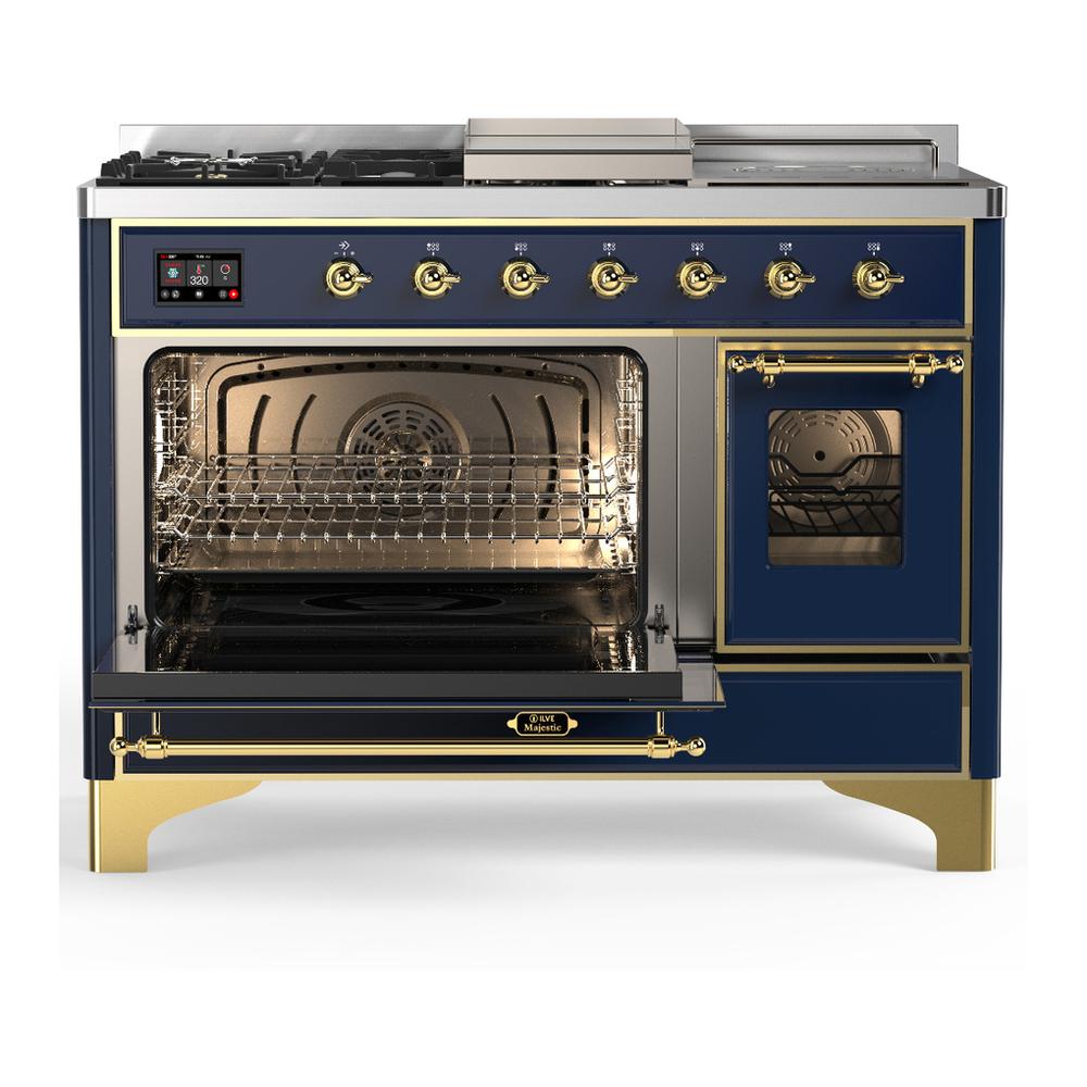 Ilve UM48FSNR3MBGLP Ilve Um48Fsnr3Mbglp Majestic Iii 48 Inch Dual Fuel Range With 5 Black Brass Burners, Griddle And French Top, Dual Function Burner Up To 25,000 Btu (Liquid Propane, Triple Glass Door, Midnight Blue, Brass)