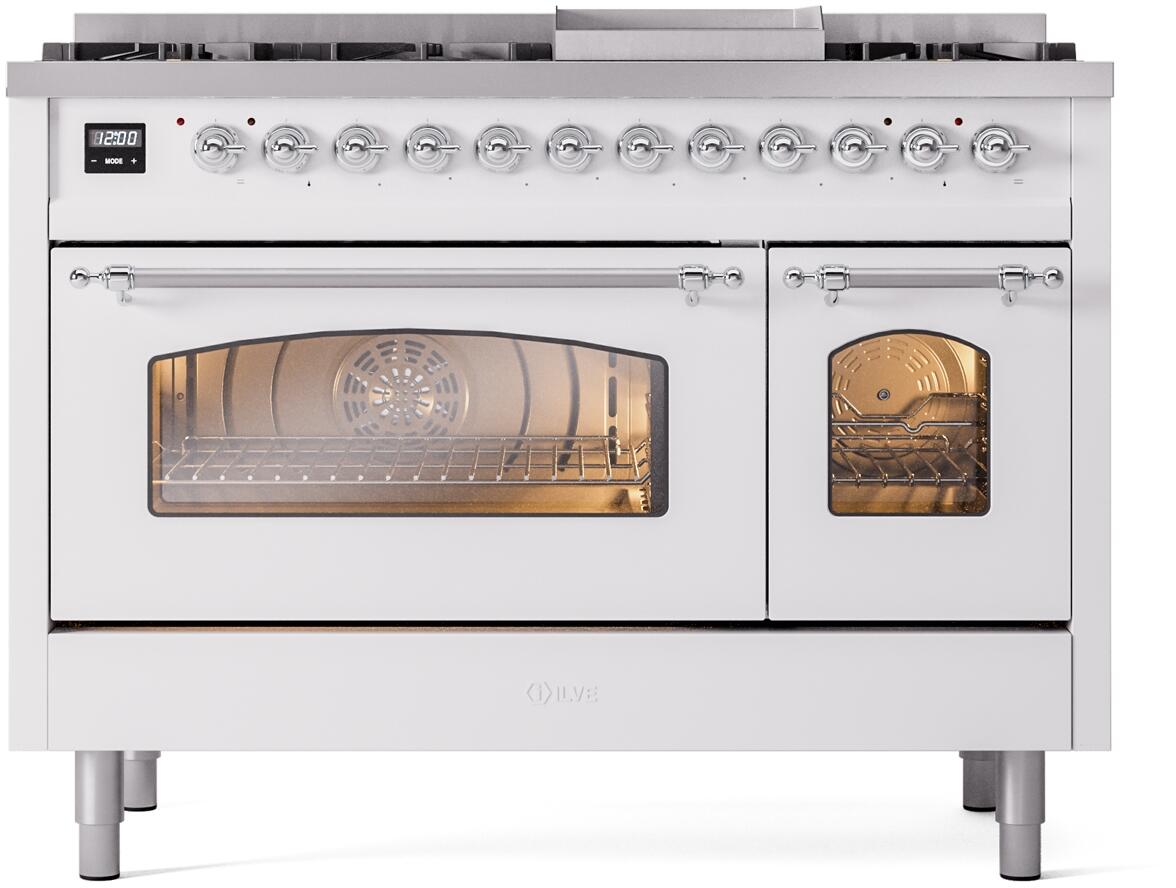 Ilve UP48FNMPWHC Nostalgie Ii 48 Inch Dual Fuel Natural Gas Freestanding Range In White With Chrome Trim