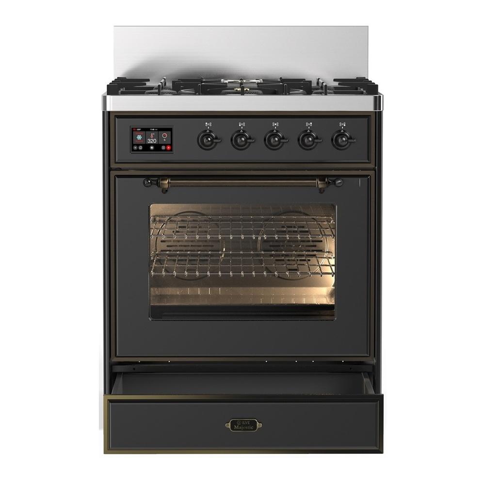 Ilve UM30NR3MGBLP Ilve Um30Nr3Mgblp Majestic Iii 30 Inch Dual Fuel Range With 5 Black Brass Burners, Dual Function Burner Up To 25,000 Btu (Liquid Propane, Triple Glass Door, Graphite Matte, Burnished)
