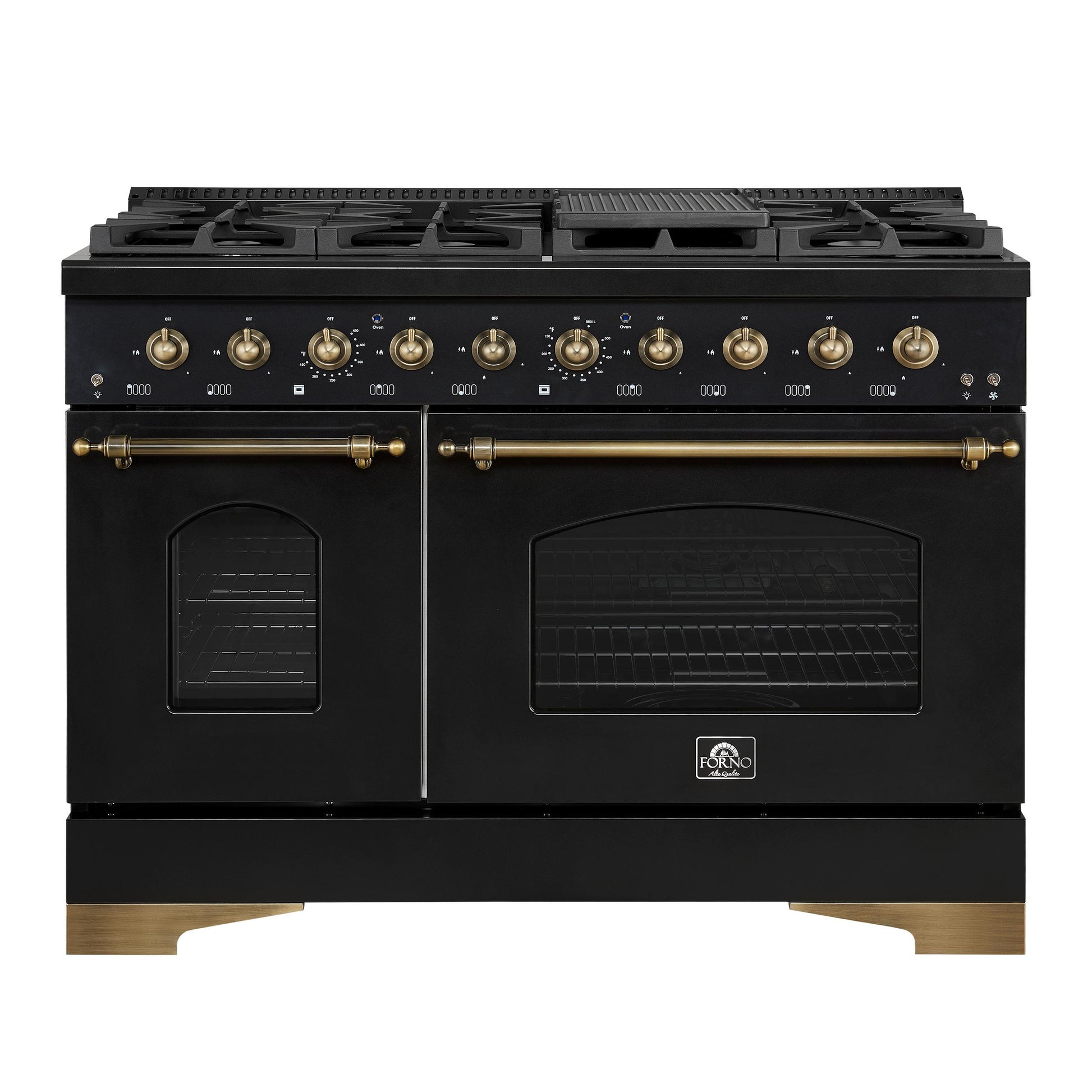 Forno FFSGS621948BLK Forno Antico 48-Inch Freestanding Gas Range, Black, Antique Brass Design, 8 Burners, Griddle, Double Ovens, Energy Efficient